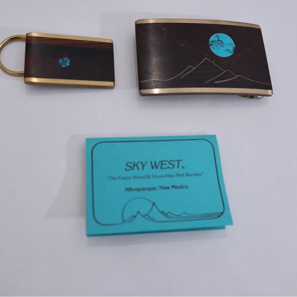 Brass & Wood etched Belt Buckle & key ring with Turquoise Design inlay